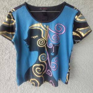 Custo Barcelona Blue and Gold Artistic Top